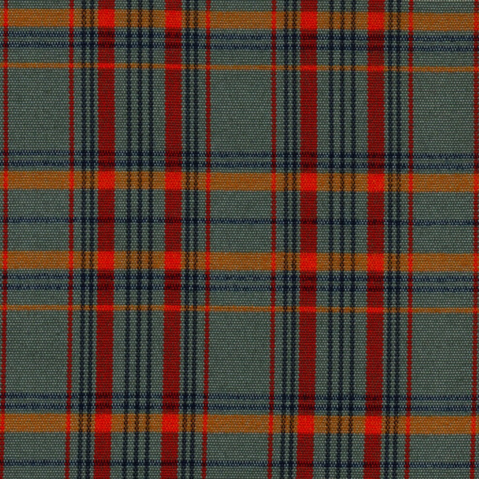 Tela para uniforme acrílico escocés especial de SchoolLine; plaid verde gris con rojas y naranjas, ideal para uniformes escolares e institucionales.