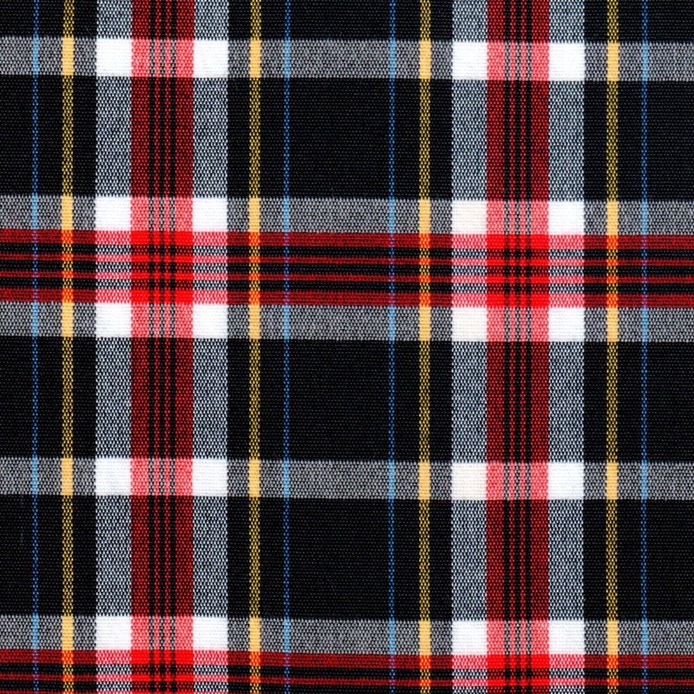 Tela acrílico escocés SchoolLine; tartán rojo/negro/blanco con azul y amarillo, para uniformes escolares.