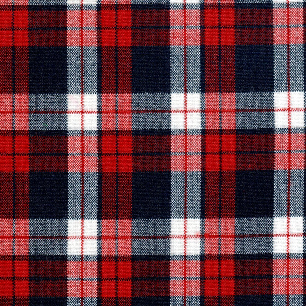 Tela acrílica escocés tartán rojo, azul marino y blanco para uniformes escolares