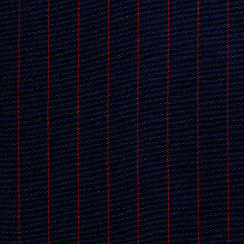 Tela acrílico escocés especial SchoolLine: azul marino con rayas rojas verticales; mezcla poliéster/acrílico para uniformes escolares e institucionales.