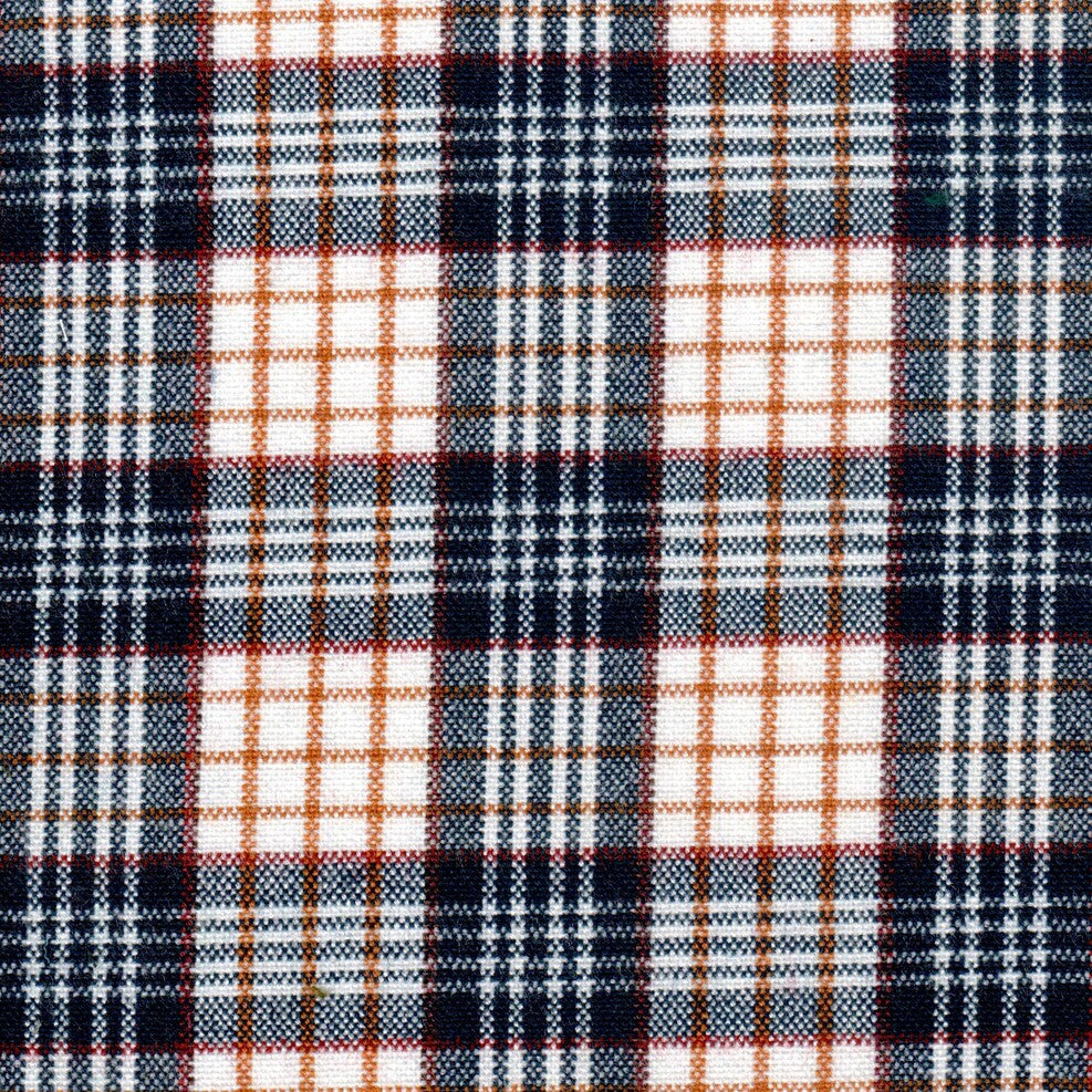 Tela acrílica escocés especial de SchoolLine para uniformes escolares e institucionales, tejido a cuadros azul, blanco y naranja.