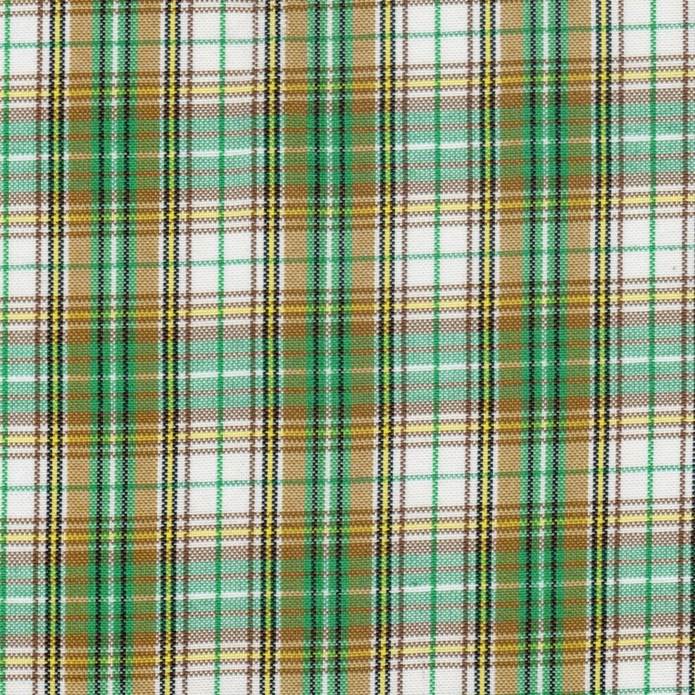 Tela escocesa polidacron SchoolLine: plaid verde/marrón/blanco con toques amarillos; ideal para uniformes escolares e institucionales.