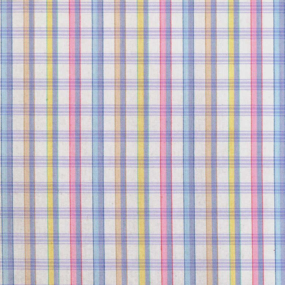 Tela polidacron escocés para uniformes escolares e institucionales, diseño a cuadros multicolor azul, rosa y amarillo