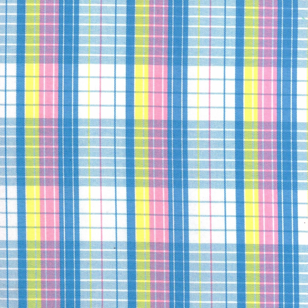 Tela para uniforme polidacron escocés de SchoolLine, cuadro azul con rosa y amarillo sobre blanco, ideal para uniformes escolares.
