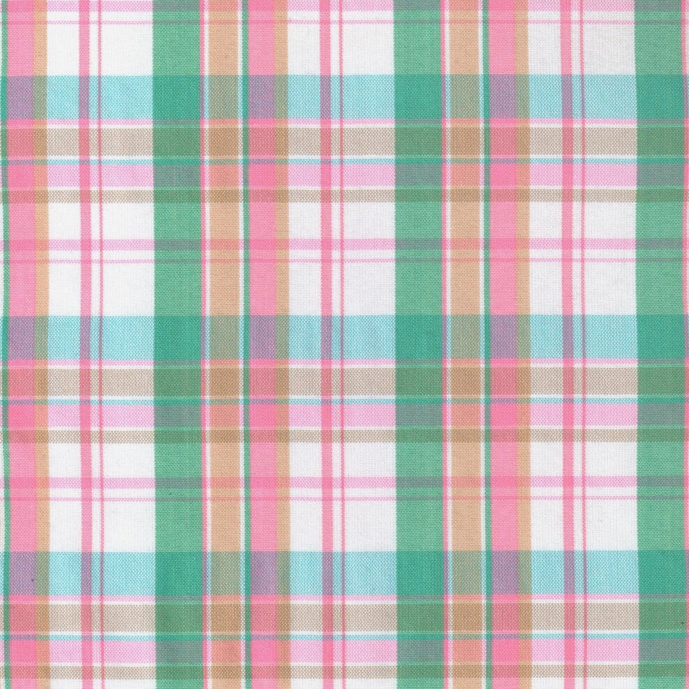 Tela para uniforme polidacron escocés SchoolLine - plaid verde, rosa y beige con azules, ideal para uniforms escolares e institucionales