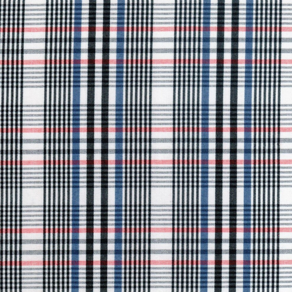 Tela polidacron escocés SchoolLine para uniformes; tartán negro, blanco, azul y rojo.