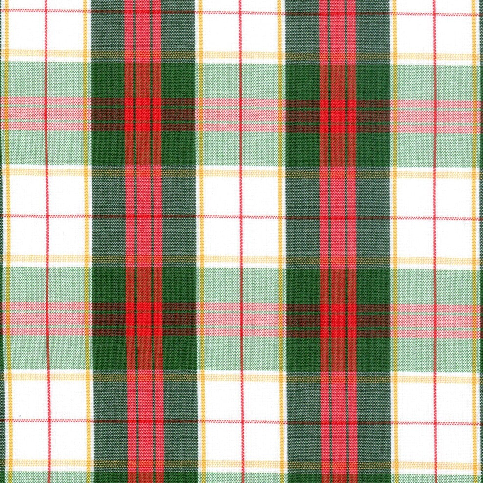 Tela polidacron escocés verde y rojo con cuadros blancos y amarillos, ideal para uniformes escolares institucionales — SchoolLine