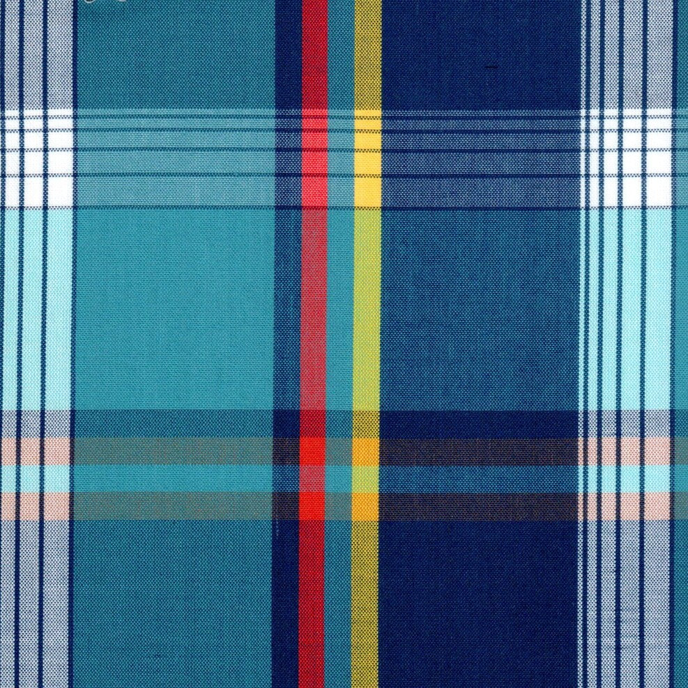 Tela polidacron escocés en tonos azul marino y turquesa con rayas rojas y amarillas para uniformes escolares SchoolLine.