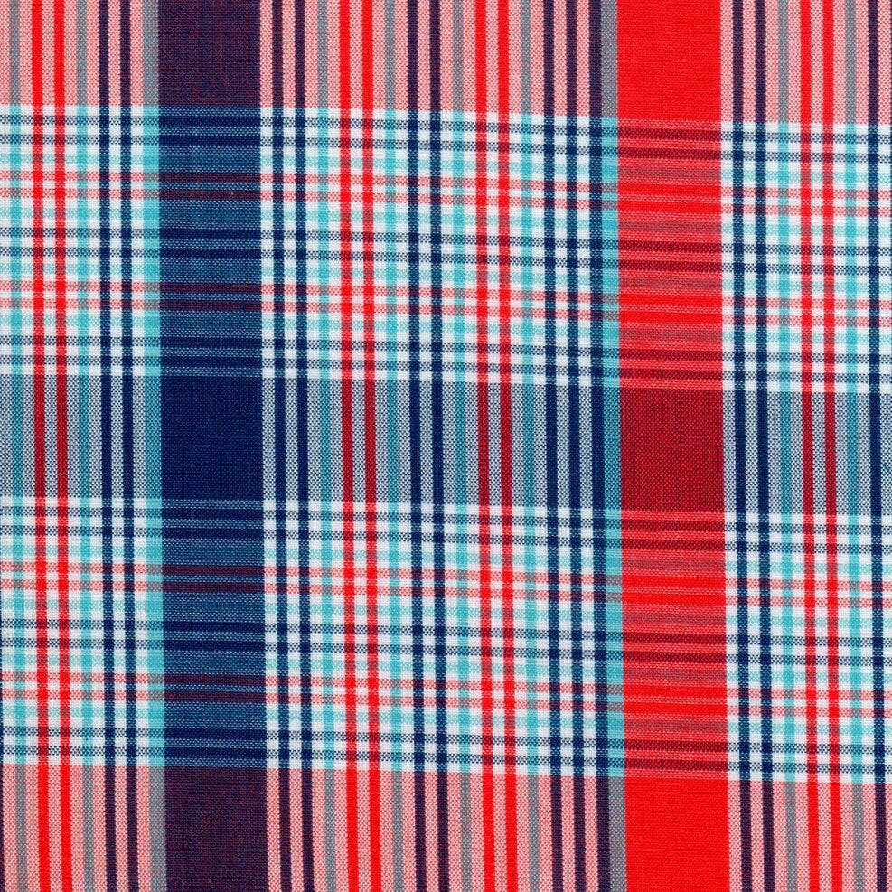 Tela para uniforme polidacron escocés SchoolLine: tartán rojo, azul y blanco; ideal para uniformes escolares e institucionales.