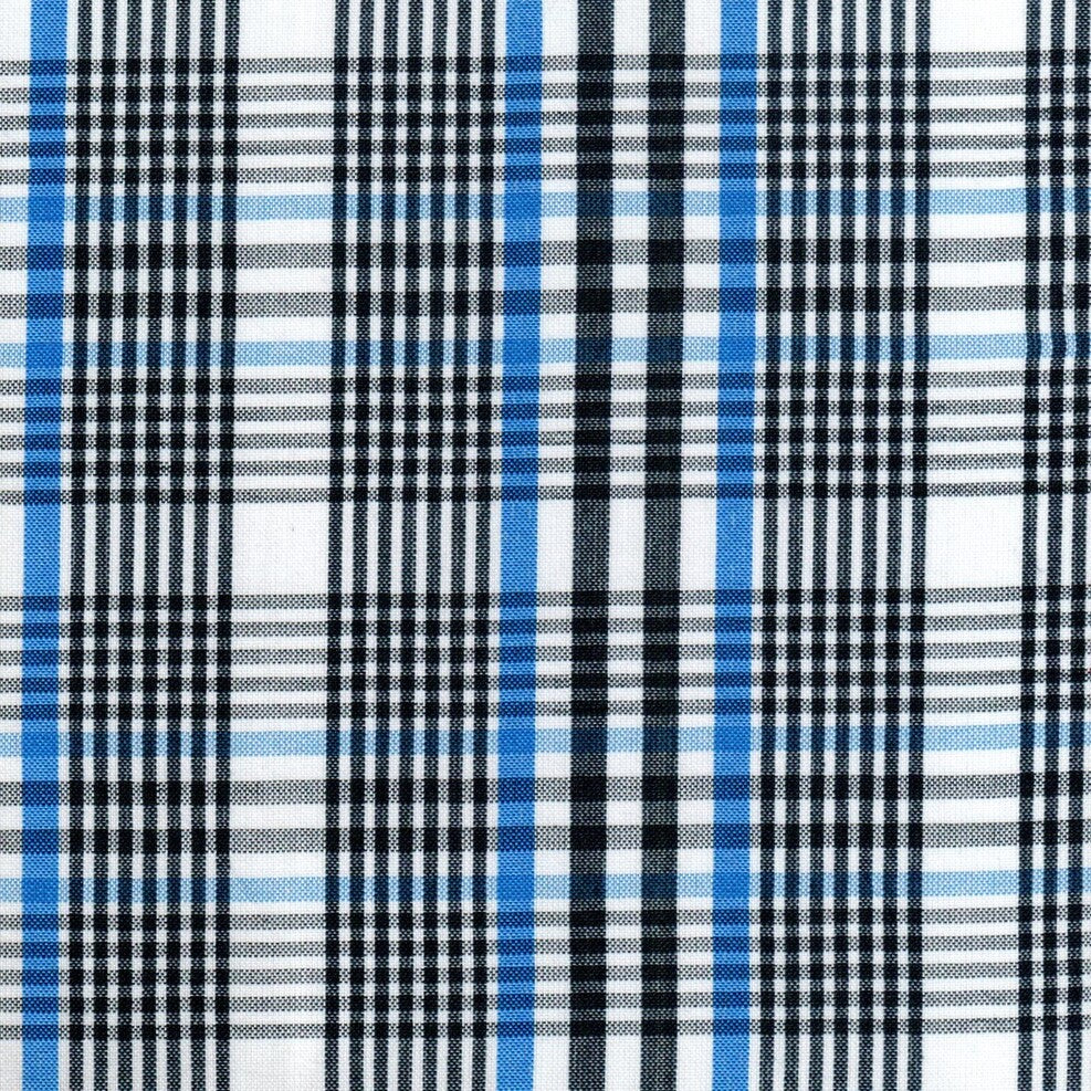 Tela para uniforme polidacron escocés azul, negro y blanco con diseño a cuadros, ideal para uniformes escolares e institucionales