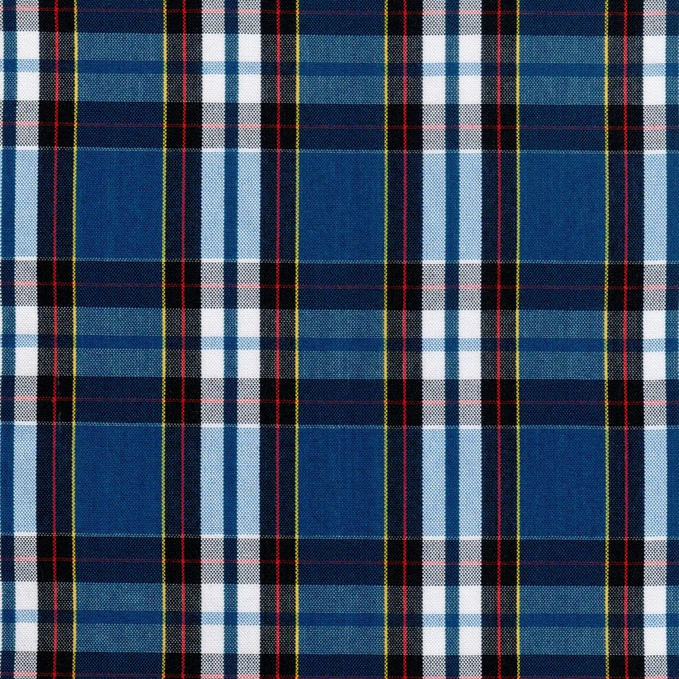 Tela para uniforme SchoolLine: tartán escocés azul con negro, blanco y líneas amarillas.