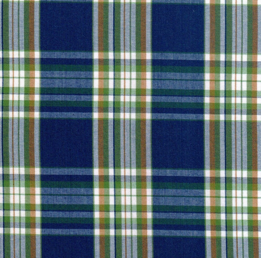 Tela escocés azul marino con rayas verde, blanco y marrón; ideal para uniformes escolares e institucionales SchoolLine.
