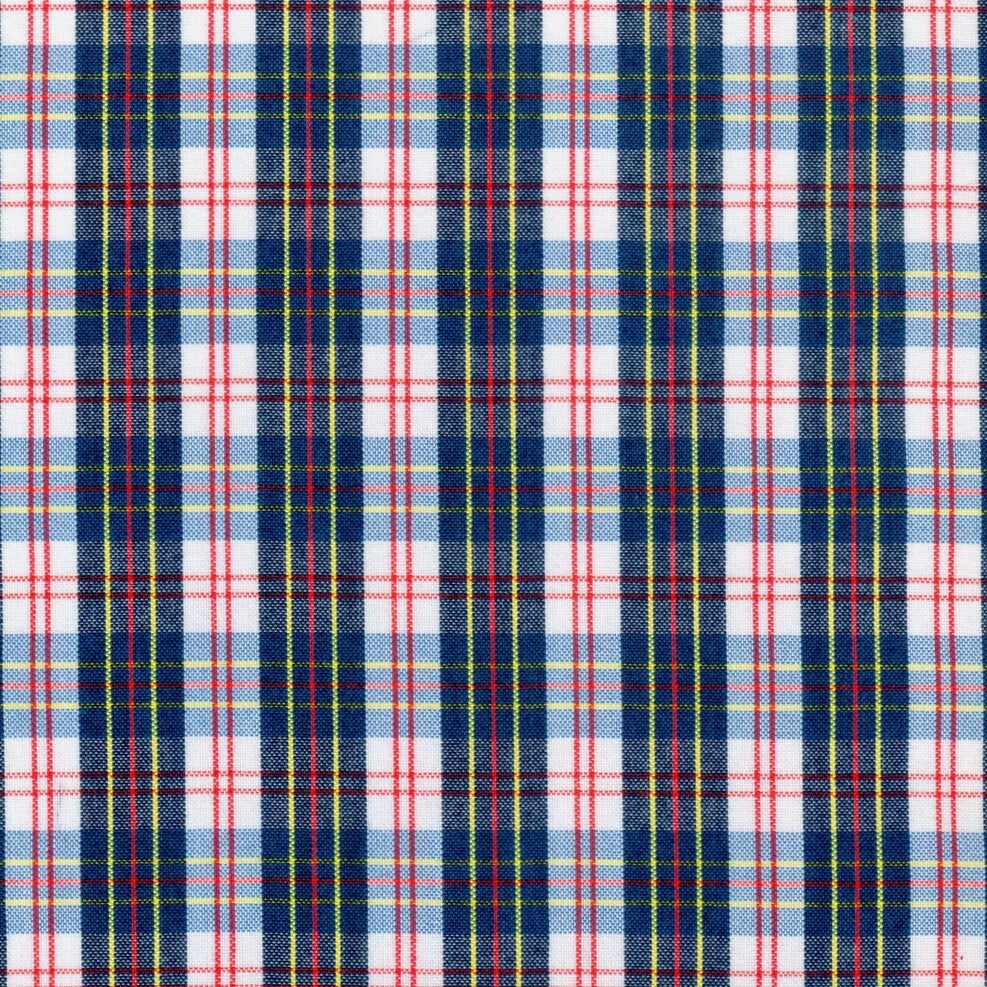 Tela para uniforme polidacron escocés SchoolLine en tartán azul marino, rojo y amarillo.