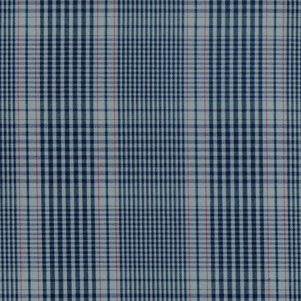 Tela escocesa para uniformes escolares azul marino y blanco con cuadros tartán rojos; SchoolLine.