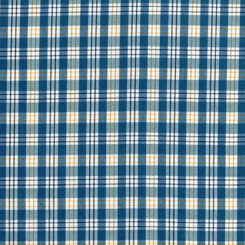 Tela polidacron escocés azul con cuadros blancos y líneas amarillas; tela para uniformes escolares e institucionales SchoolLine.