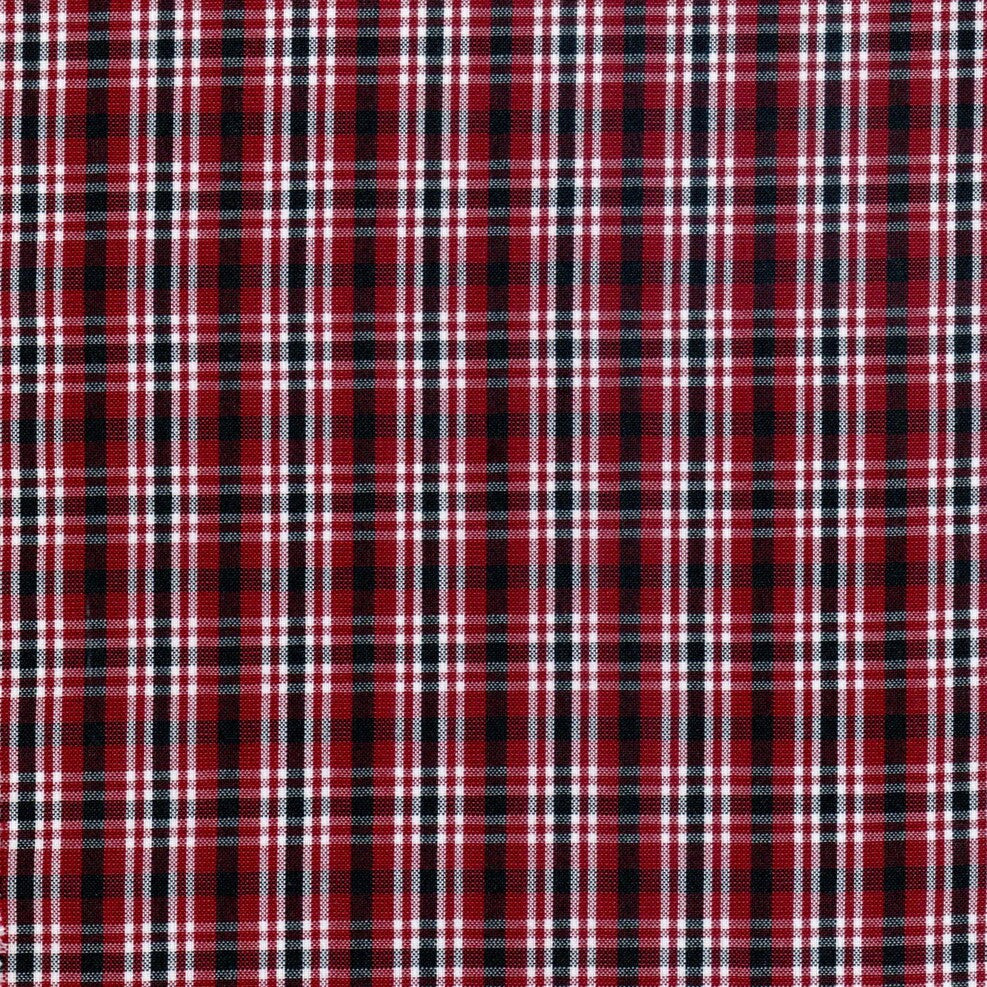 Tela para uniforme polidacron escocés en rojo, negro y blanco; diseño a cuadros, ideal para uniformes escolares e institucionales.