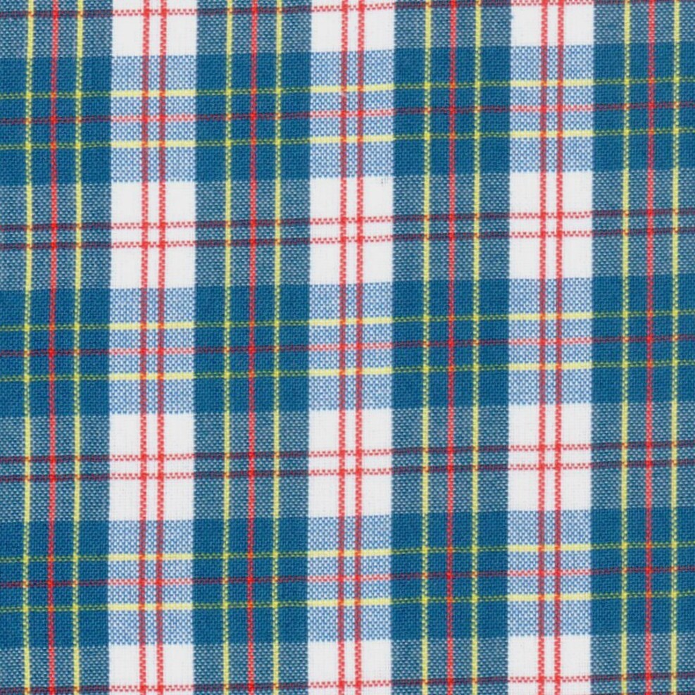 Tela para uniforme escocés de SchoolLine, tela a cuadros azul/blanco con líneas rojas y amarillas, ideal para uniformes escolares.