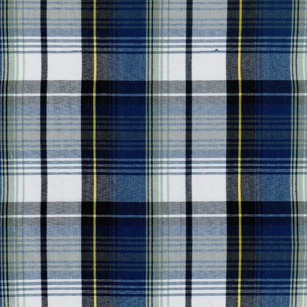 Tela para uniforme polidacron escocés en azul marino, blanco y líneas amarillas; tejido tipo tartán SchoolLine