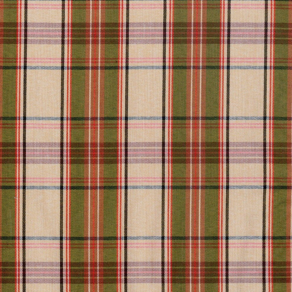 Tela escocesa polidacron SchoolLine en verde oliva, beige y rojo; ideal para uniformes escolares e institucionales.