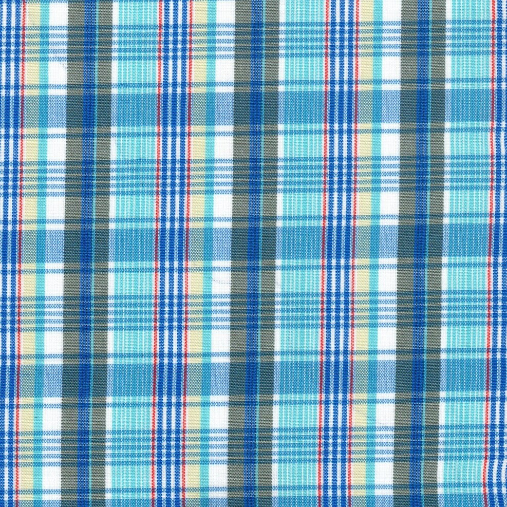 Tela polidacron escocés azul de SchoolLine, patrón tartán azul con líneas blancas, ideal para uniformes escolares e institucionales.