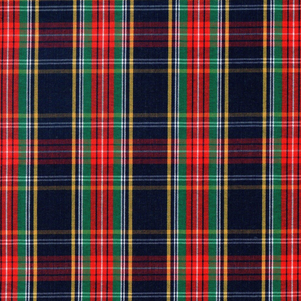 Tela para uniforme SchoolLine, diseño escocés tartán en navy, verde, rojo y amarillo; ideal para uniformes escolares.
