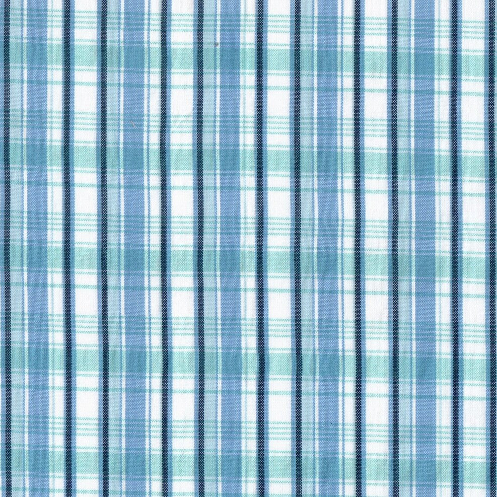 Tela polidacron escocés SchoolLine: cuadros azules y turquesa sobre fondo blanco, ideal para uniformes escolares.