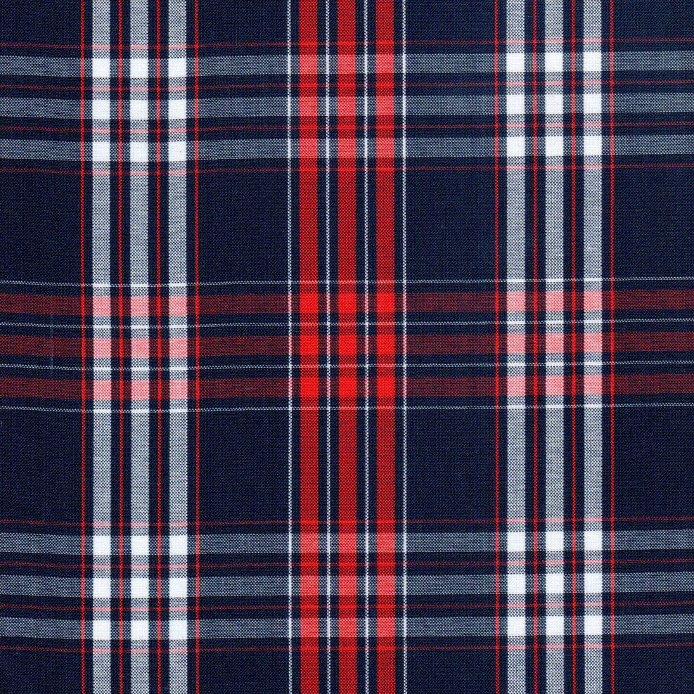 Tela Uniline escocés azul marino con cuadros rojos y blancos; ideal para uniformes escolares e institucionales SchoolLine