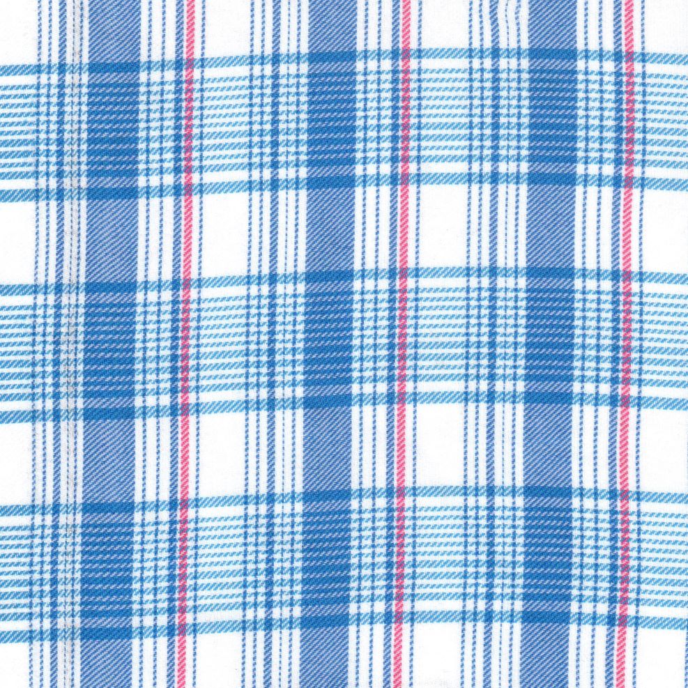 Tela con tejido diagonal para uniforme en color azul cielo con lineas azules oscuras y rosadas para faldas y pantalones escolares