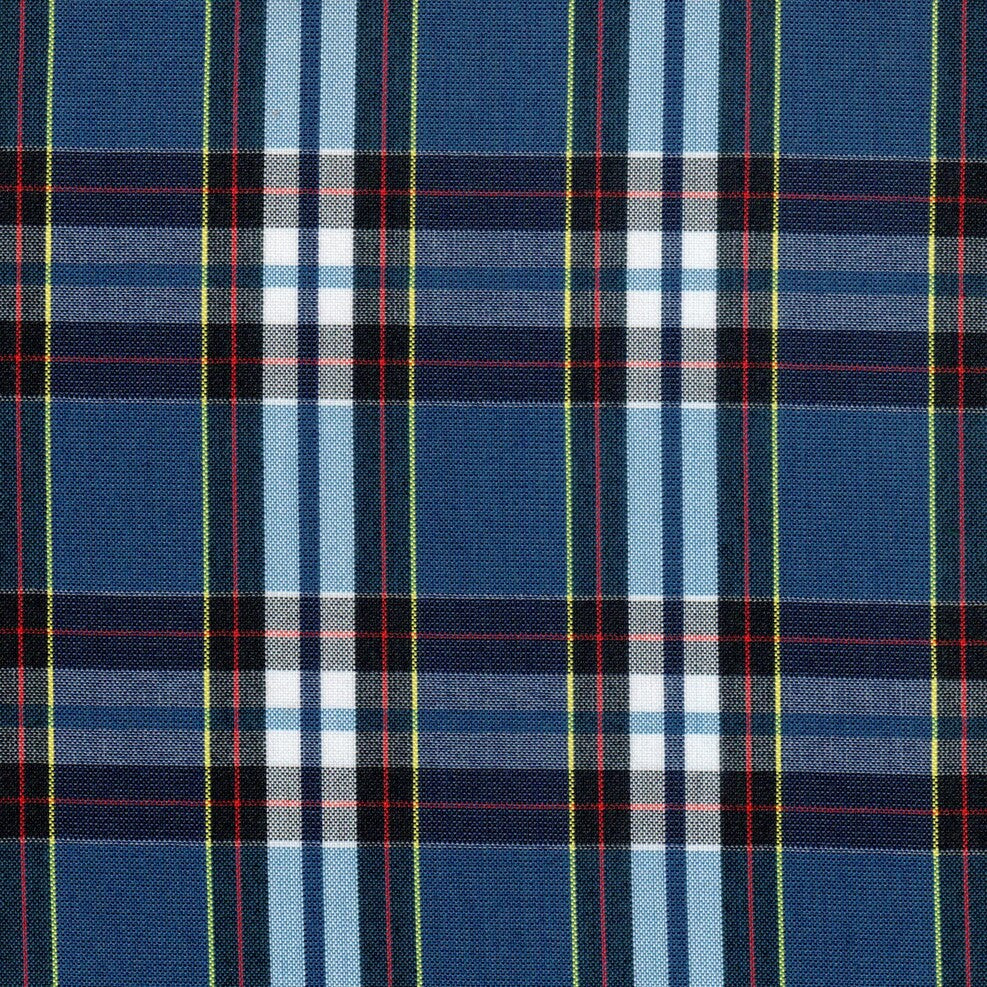 Tela escolar para uniforme en color azul con franjas negras y blancas y lineas amarillas y rojas