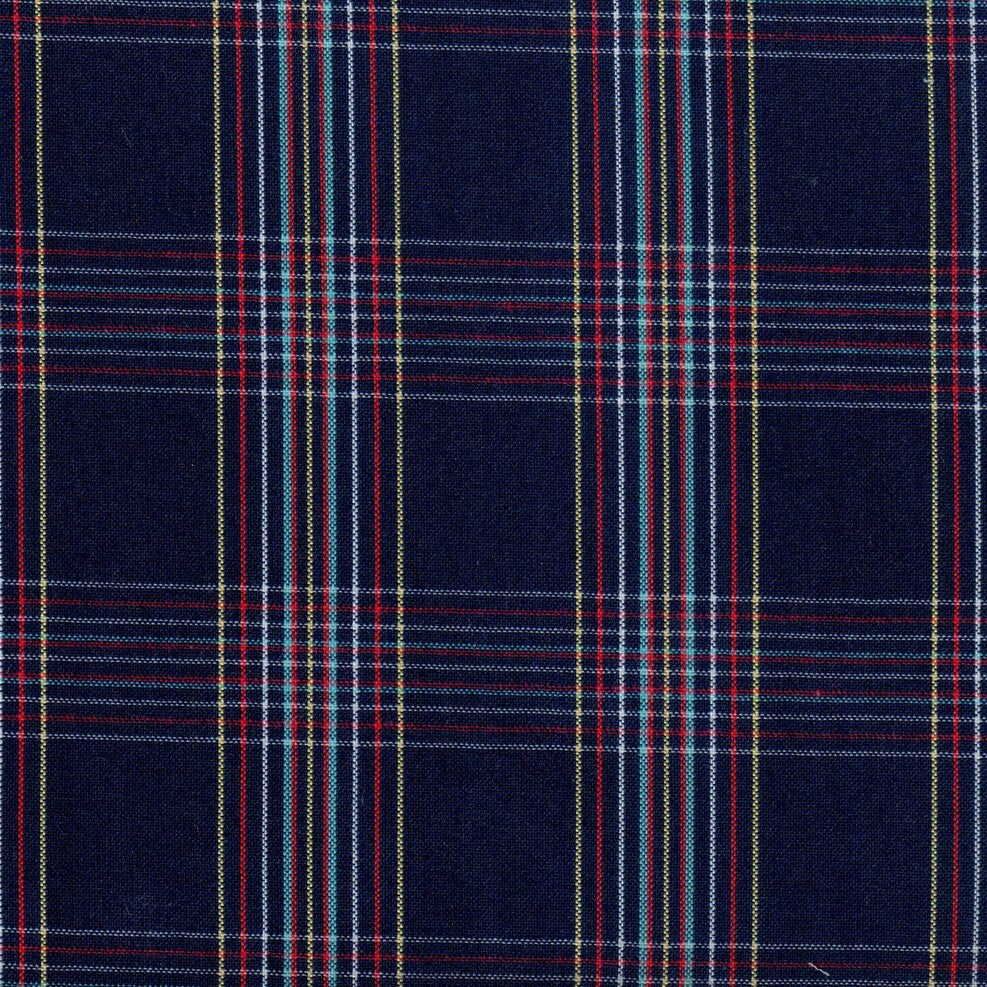 Tela para uniforme azul con lineas en colores rojo y amarillo formando cuadros