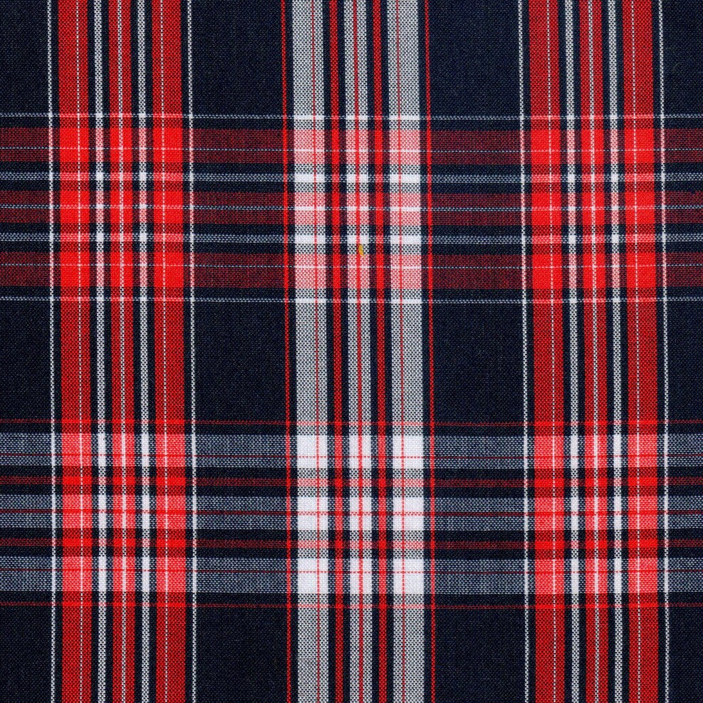 Tela para uniforme en color azul oscuro con franjas rojas y blancas formando cuadros