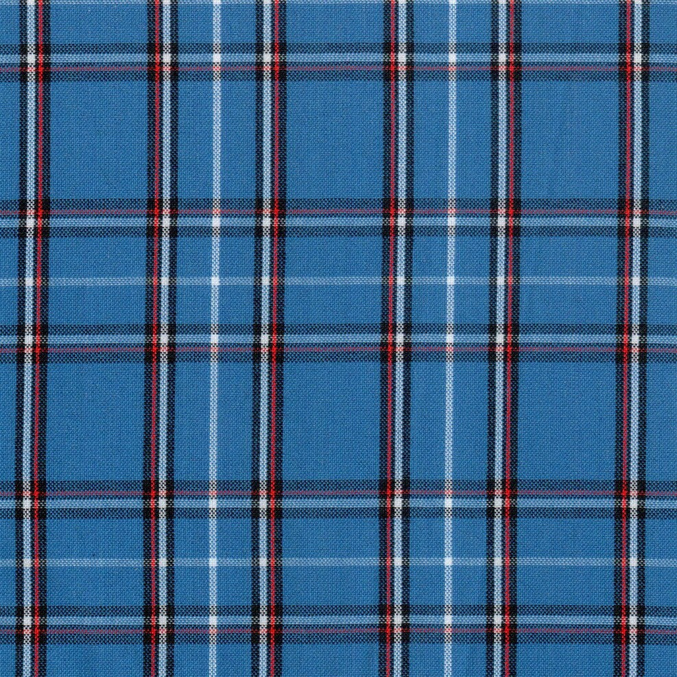 Tela para uniforme azul con lineas negras, rojas y blancas formando cuadros