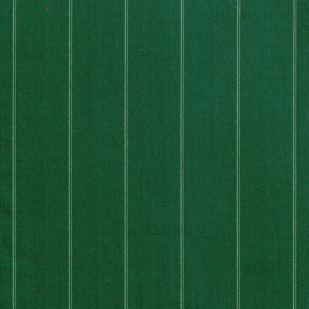 Tela verde para uniforme con lineas decorativas en blanco y amarillo