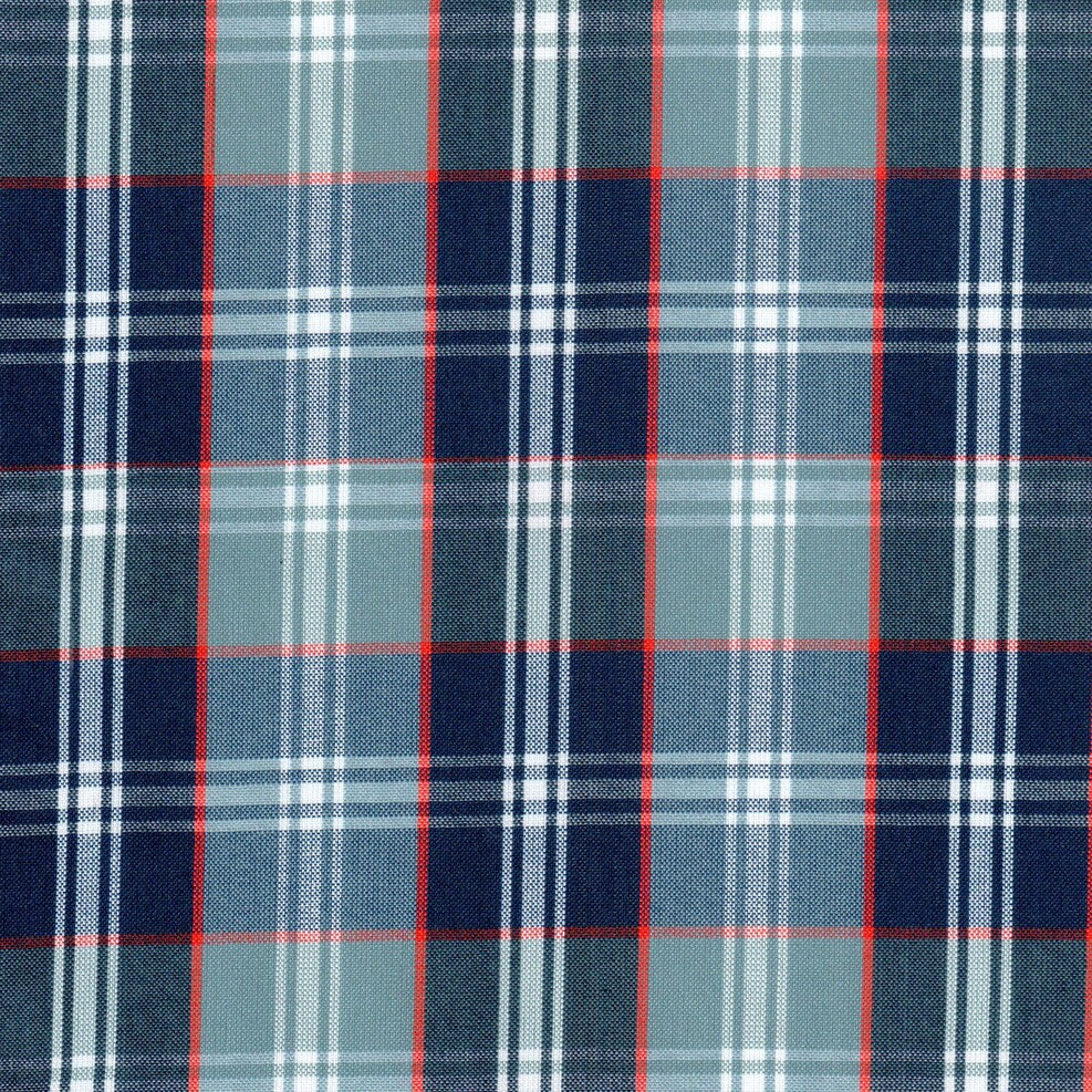 Tela para uniformes a cuadros en color azul y gris con lineas rojas y blancas para uniforme