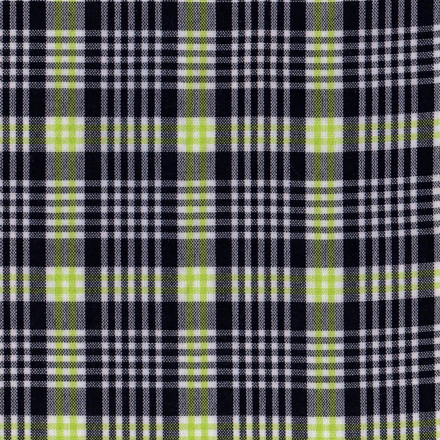 Tela a cuadros escoceses en colores blanco, negro y amarillo para uniforme.