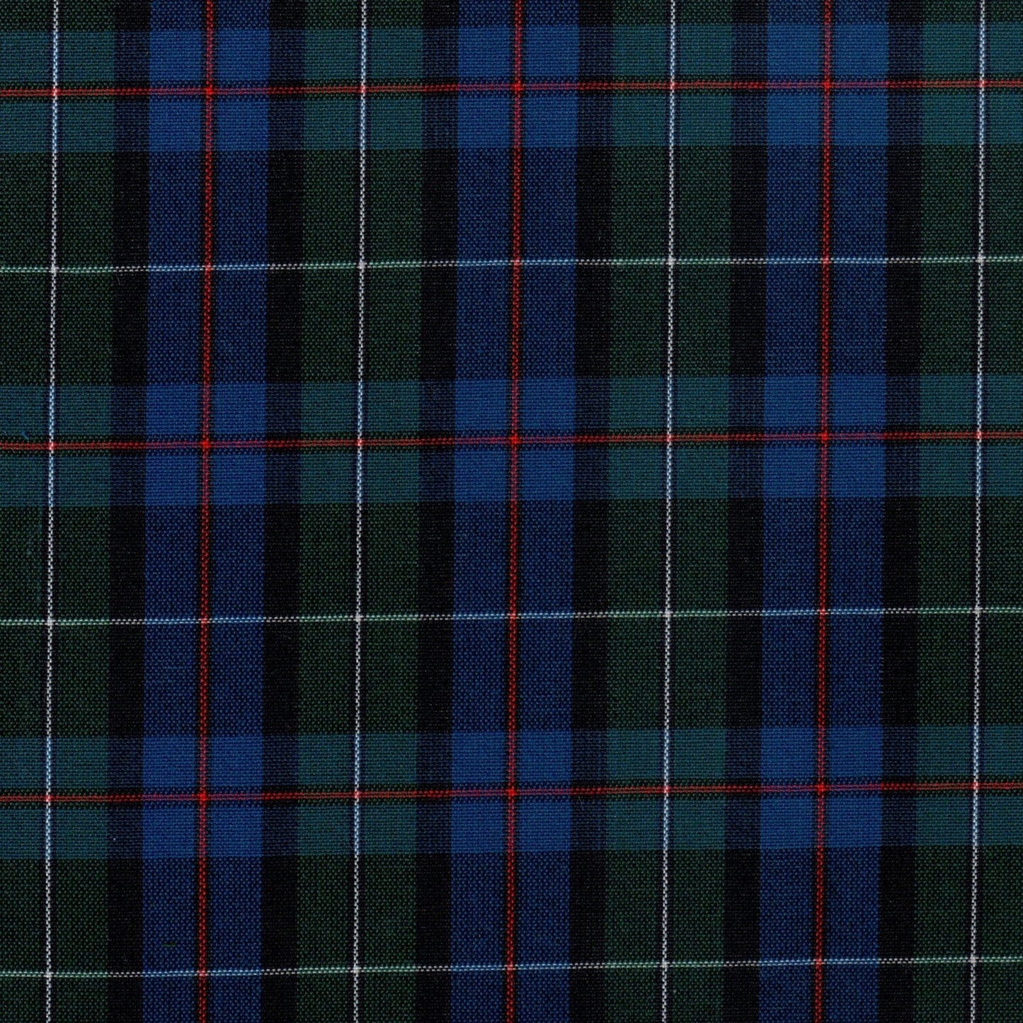 Tela tartán SchoolLine en azul/verde con negro y líneas rojas; tela para uniformes escolares e institucionales.