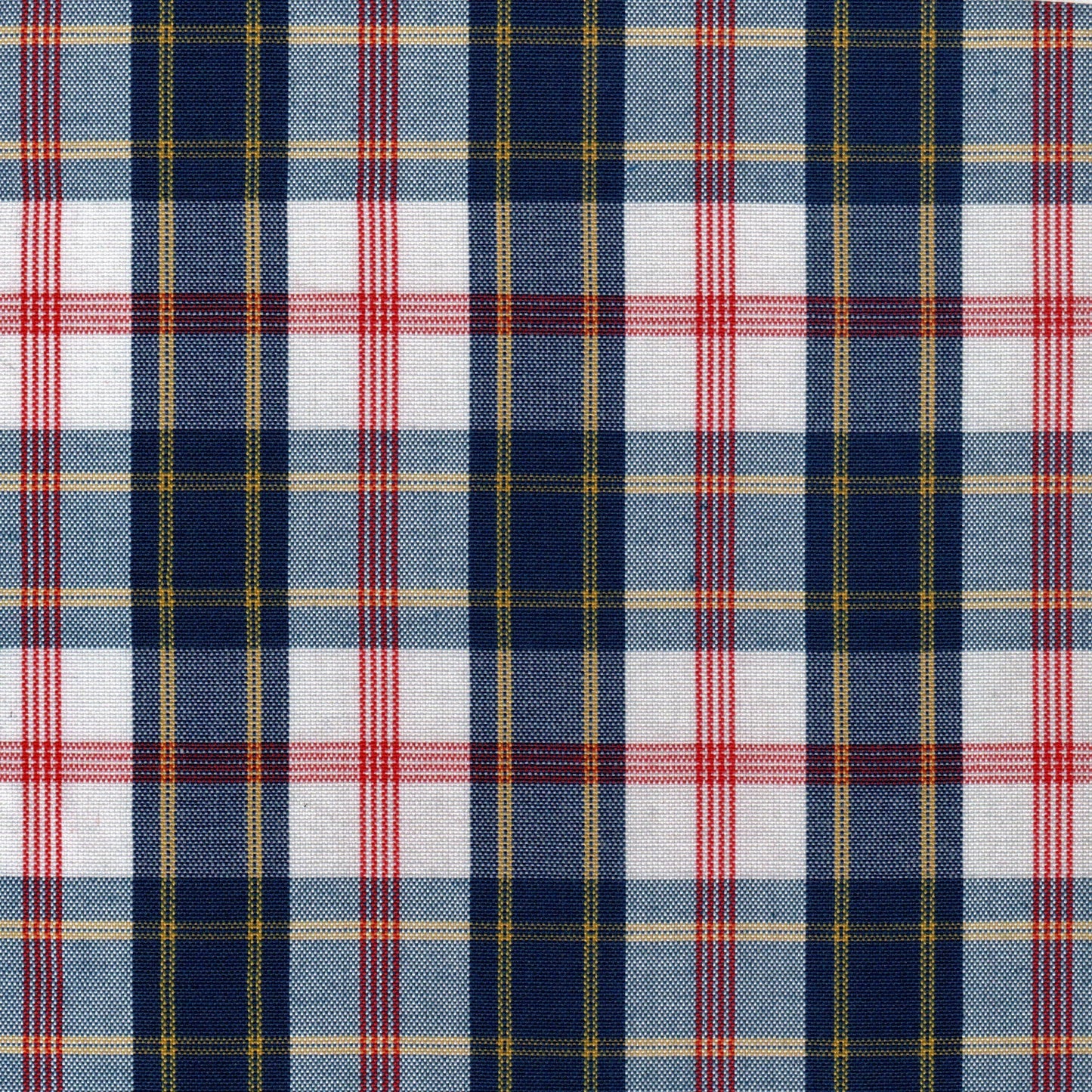 Tela 13002043 Dacron SchoolLine: tela a cuadros azul marino, blanco y rojo con líneas amarillas, para uniformes escolares.