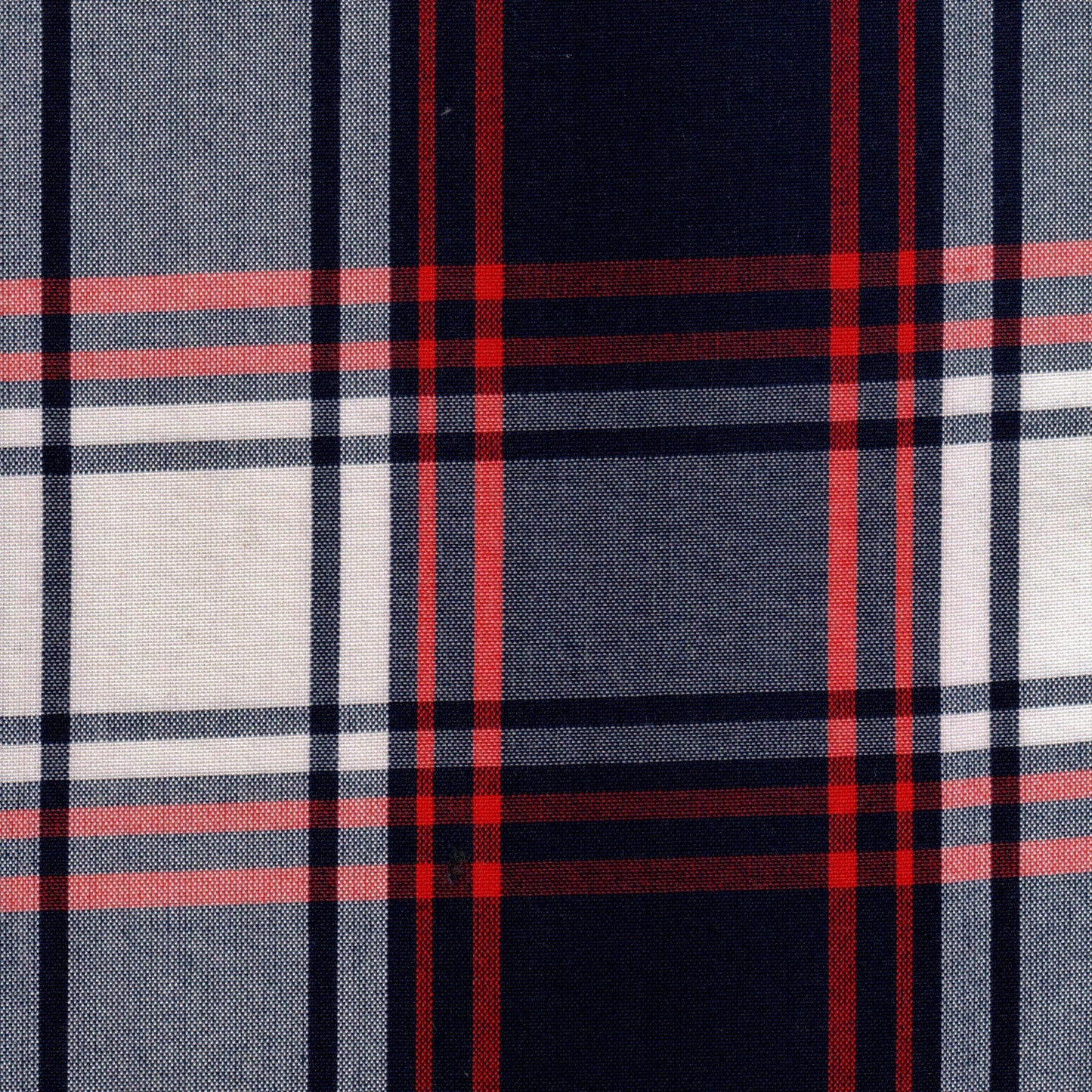 Tela 13002045 Dacron uniforme, tela de cuadros azul marino con rayas rojas y blancas, ideal para uniformes escolares e institucionales.