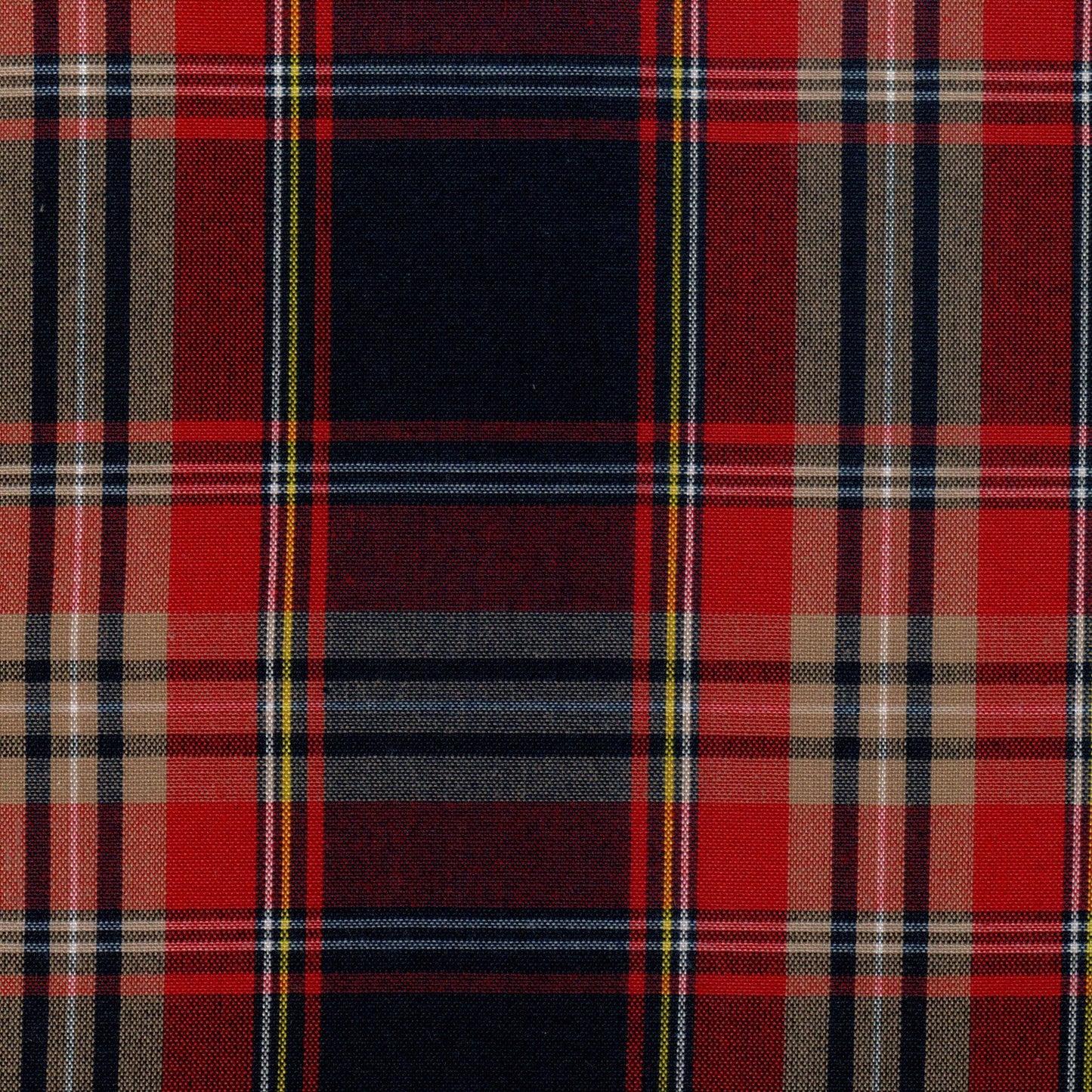 Tela SchoolLine 13002066: tela a cuadros rojo intenso y negro con beige, perfecta para uniformes escolares e institucionales.