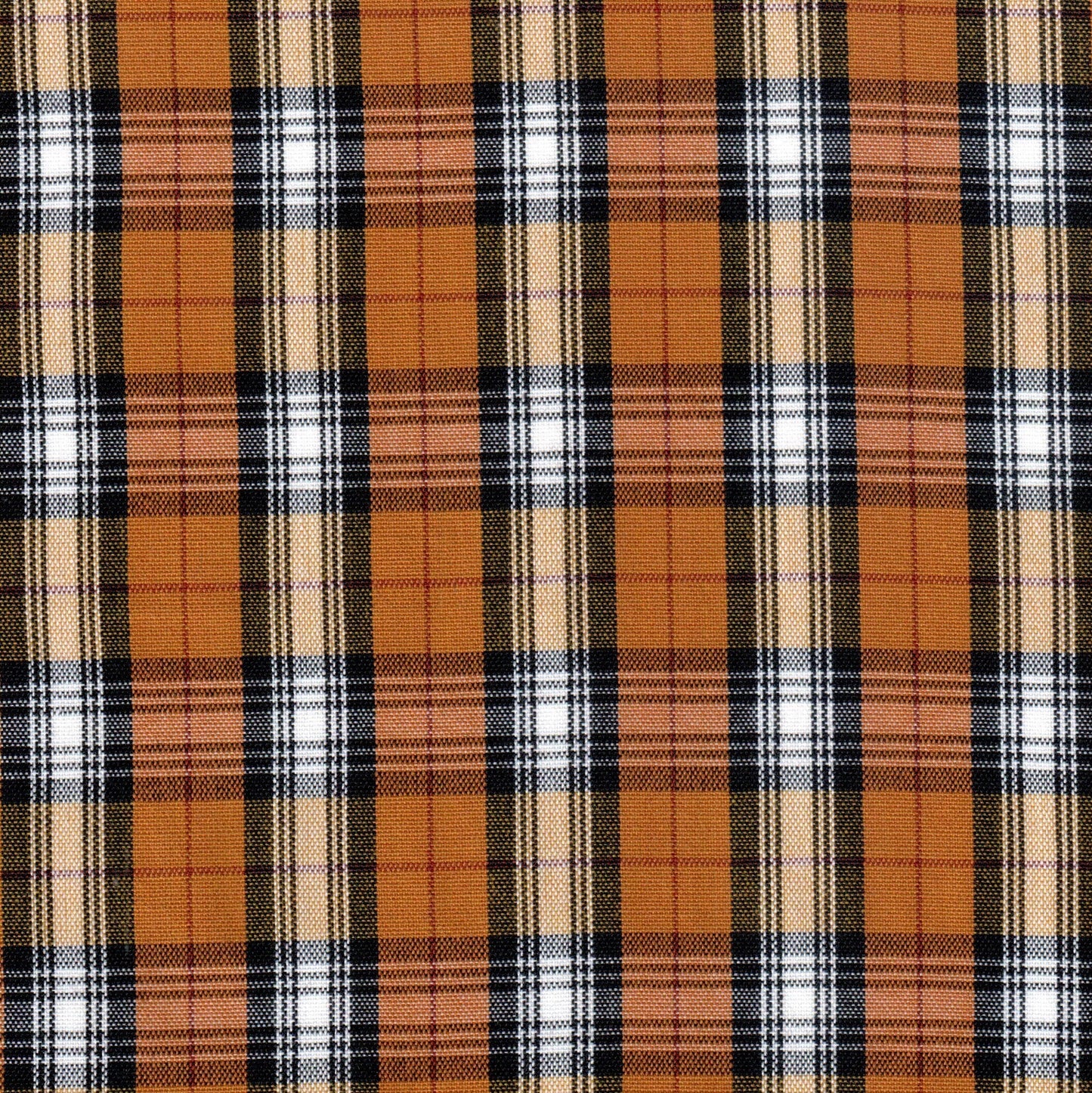 Tela Dacron SchoolLine con patrón tartán naranja/marrón negro; ideal para uniformes escolares e institucionales.