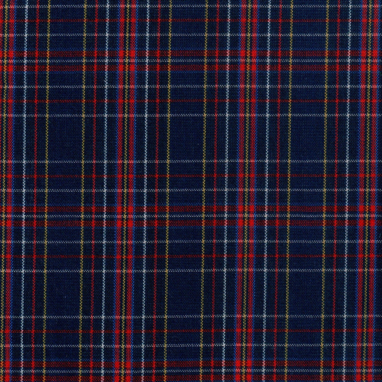Tela SchoolLine 13002076 Dacron: poliéster cs+ds en tartán azul marino con líneas rojas, blancas y amarillas para uniformes.