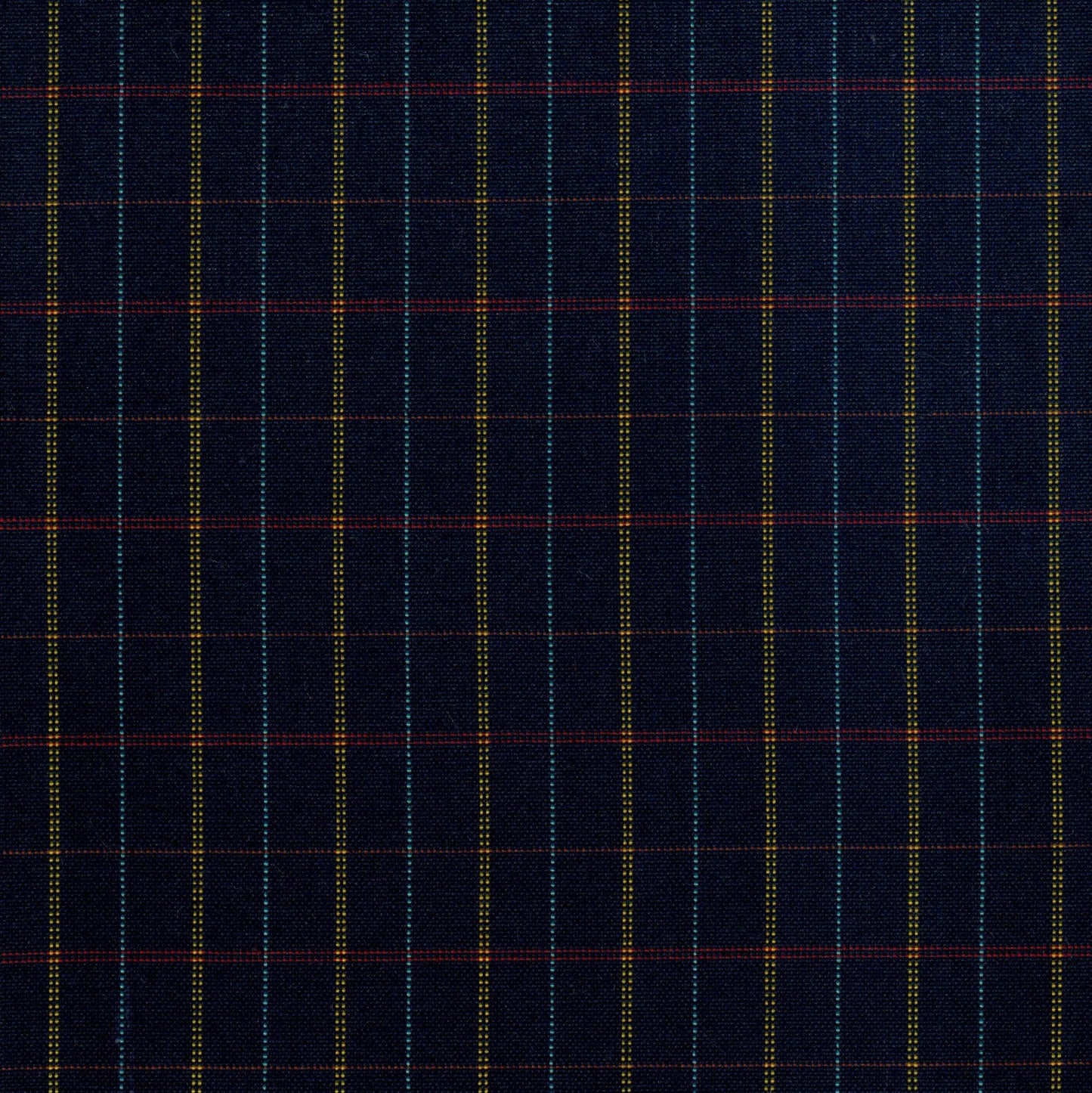 Tela Dacron SchoolLine para uniformes; tejido azul marino con tartán de líneas amarillas, turquesa y roja.