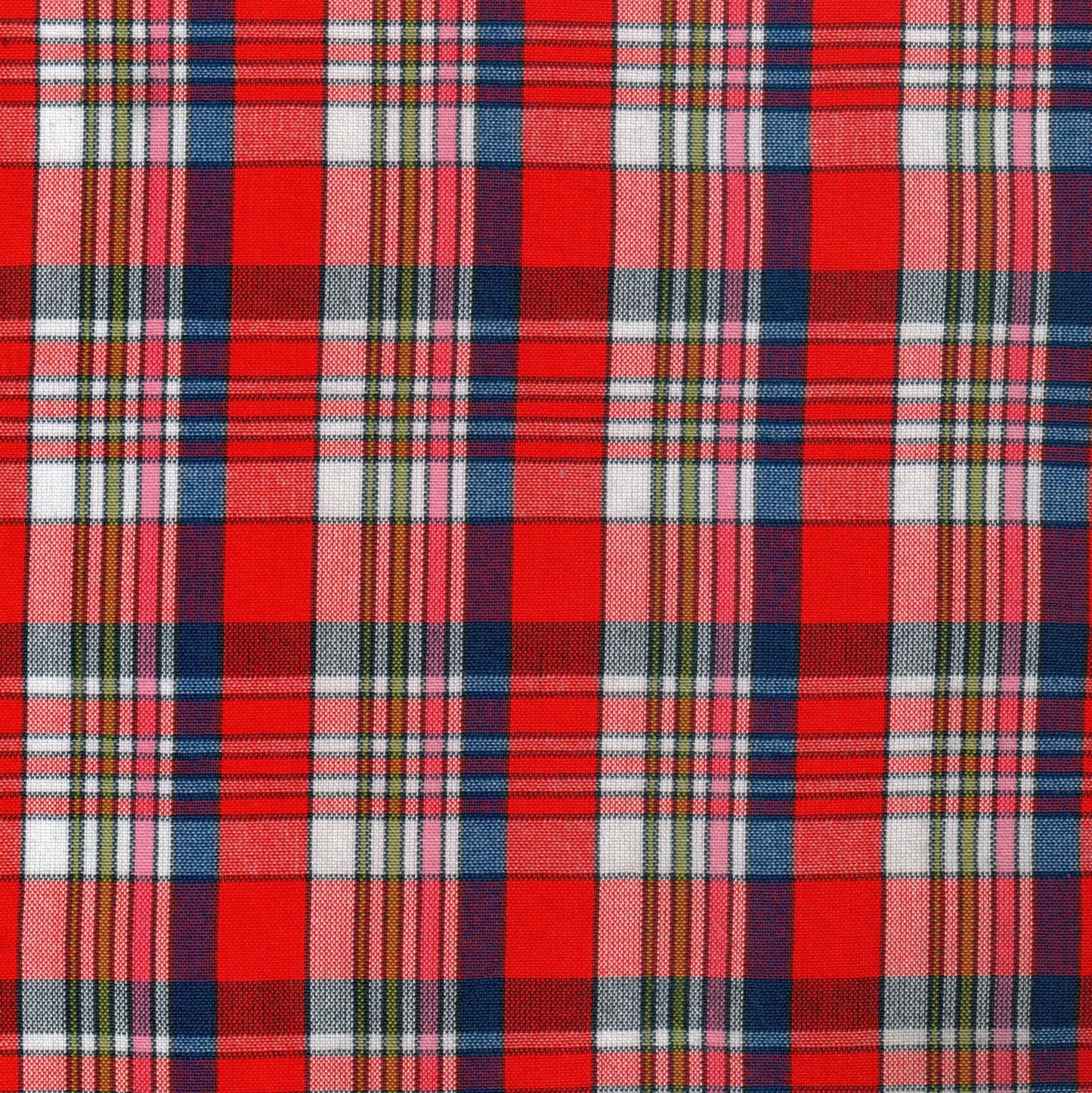 Tela 13002124 Dacron uniforme SchoolLine en tartán rojo con líneas rosa, blanco, azul y verde; ideal para uniformes escolares.