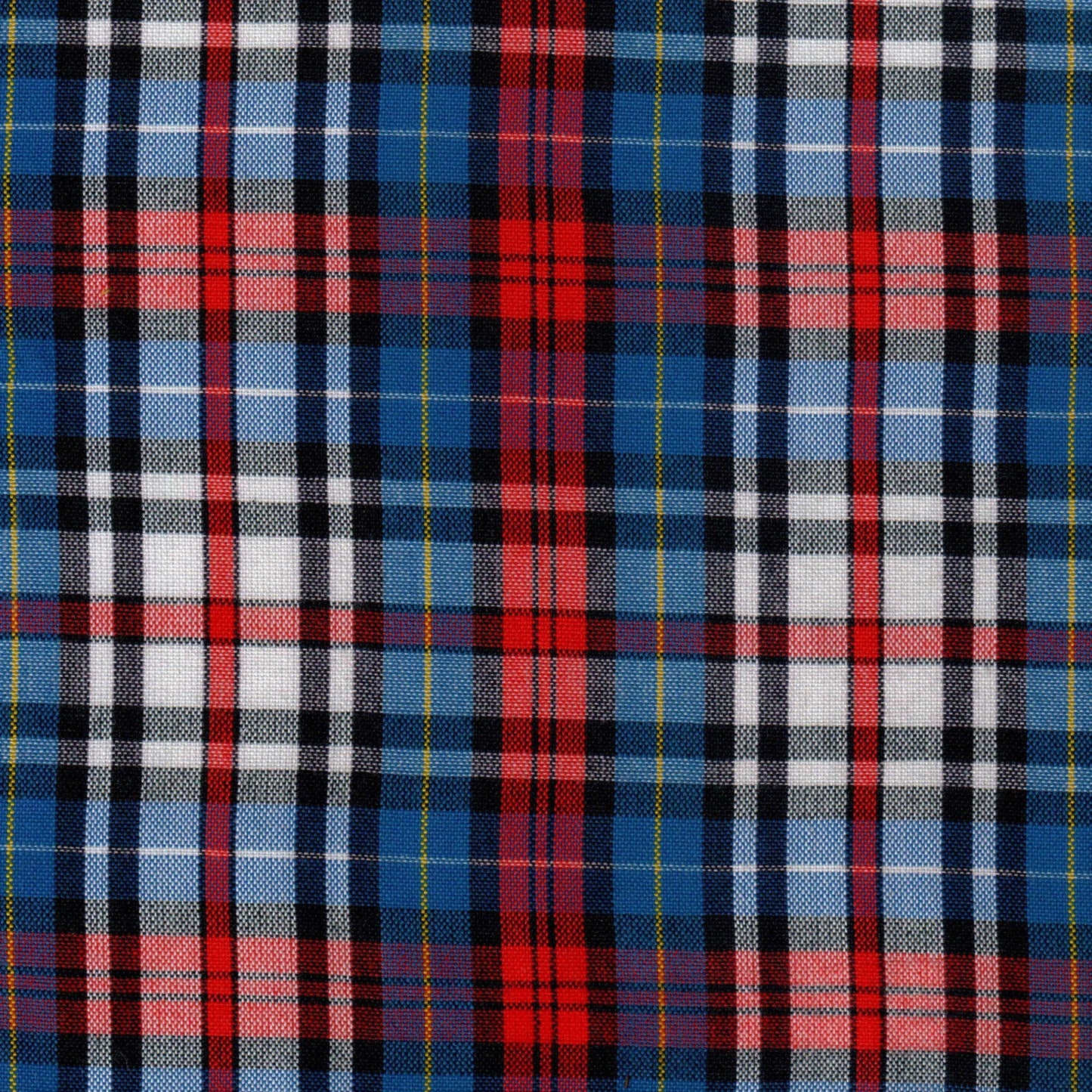 Tela Dacron SchoolLine azul, rojo y blanco a cuadros tartán; ideal para uniformes escolares e institucionales.