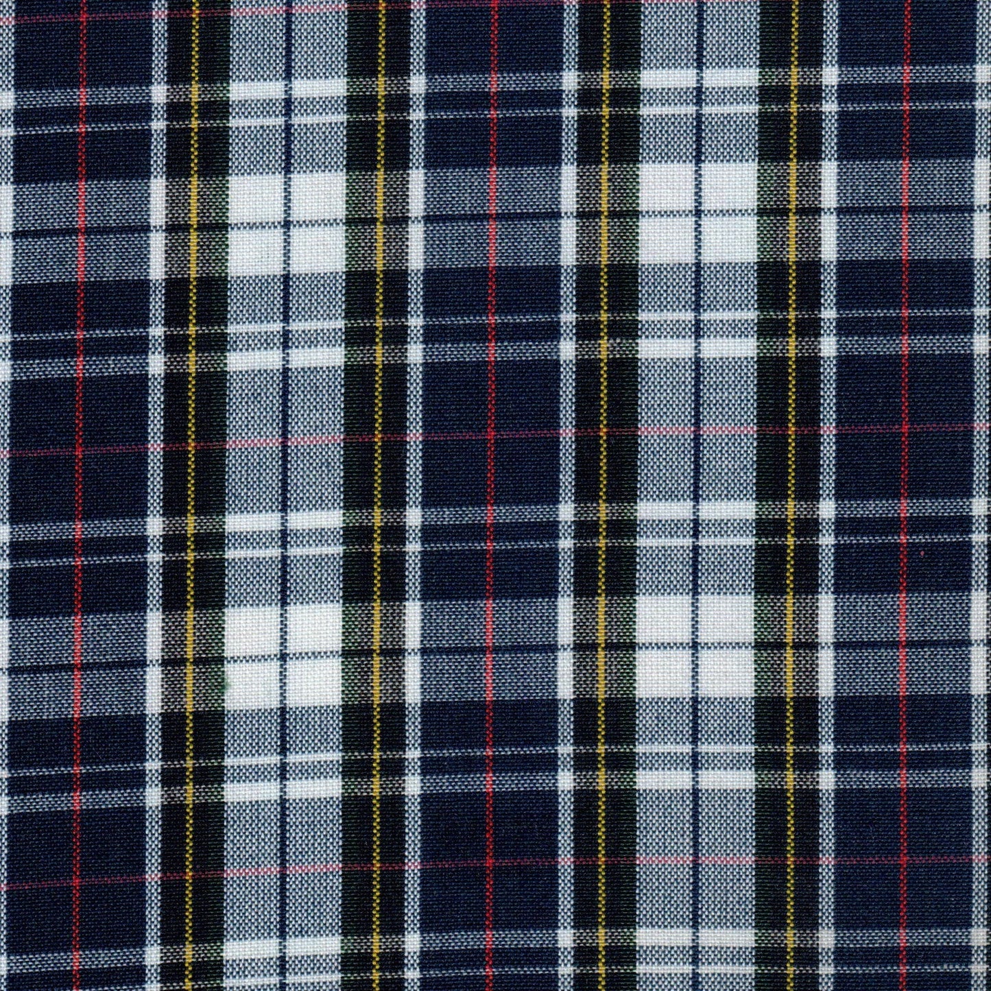 Tela SchoolLine Dacron en tartán azul marino con rayas blancas, rojas y amarillas, ideal para uniformes escolares e institucionales