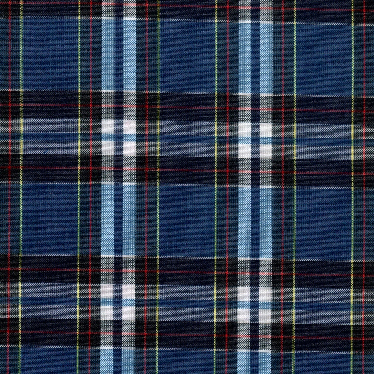 Tela Dacron SchoolLine en tejido a cuadros azul marino, blanco y rojo, ideal para uniformes escolares e institucionales.