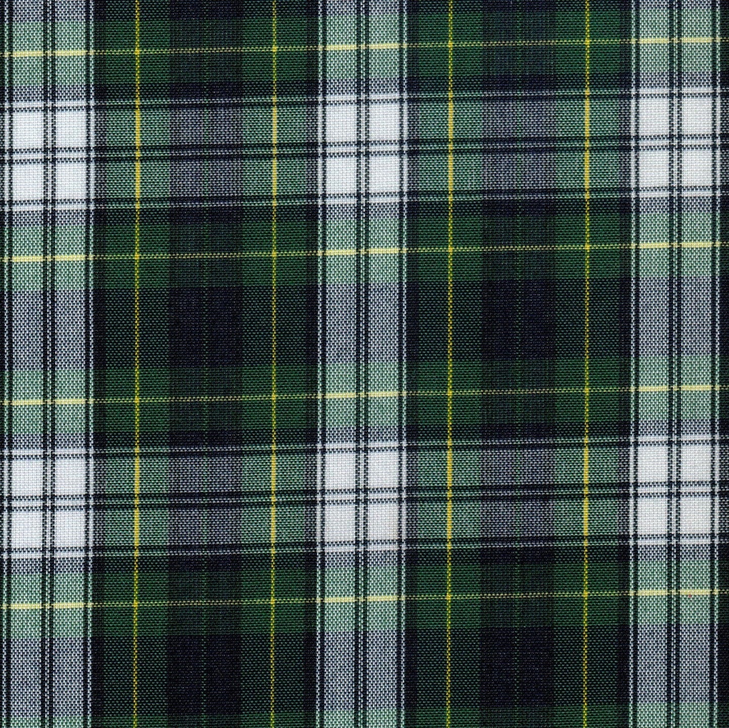 Tela SchoolLine Dacron uniforme: tela de poliéster verde con patrón tartán negro, blanco y líneas amarillas.
