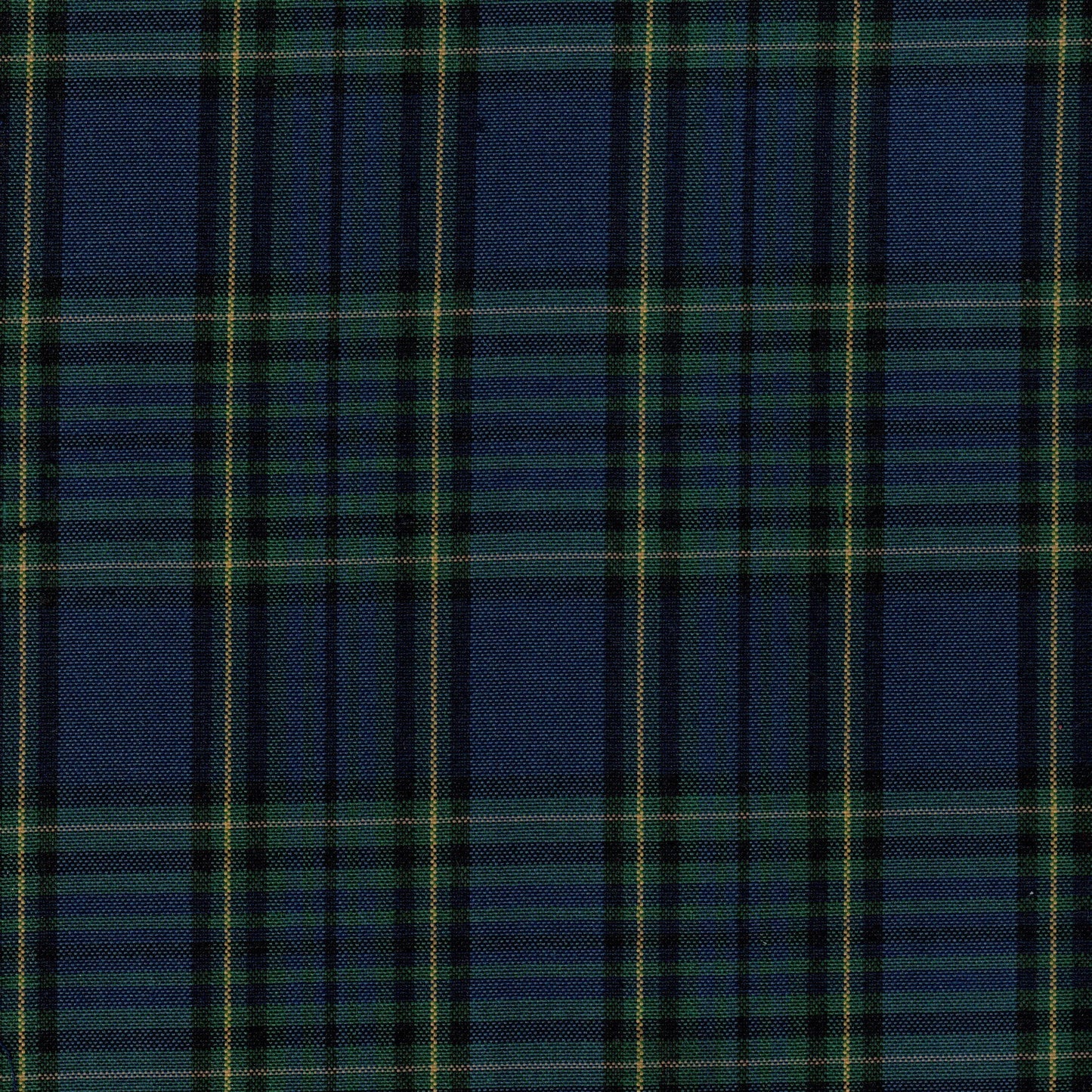 Tela Dacron SchoolLine para uniformes; tela de poliéster en tartán azul marino con rayas verde y amarillo.