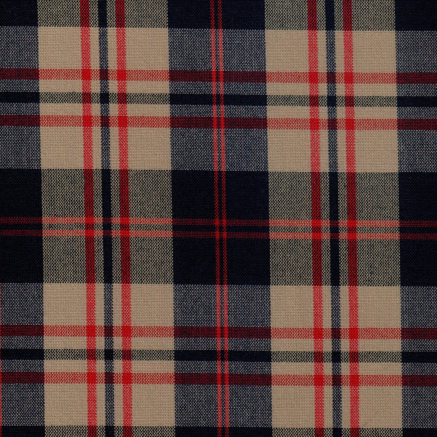 Tela 13002184 Dacron SchoolLine: tela a cuadros beige, navy y rojo; ideal para uniformes escolares e institucionales.