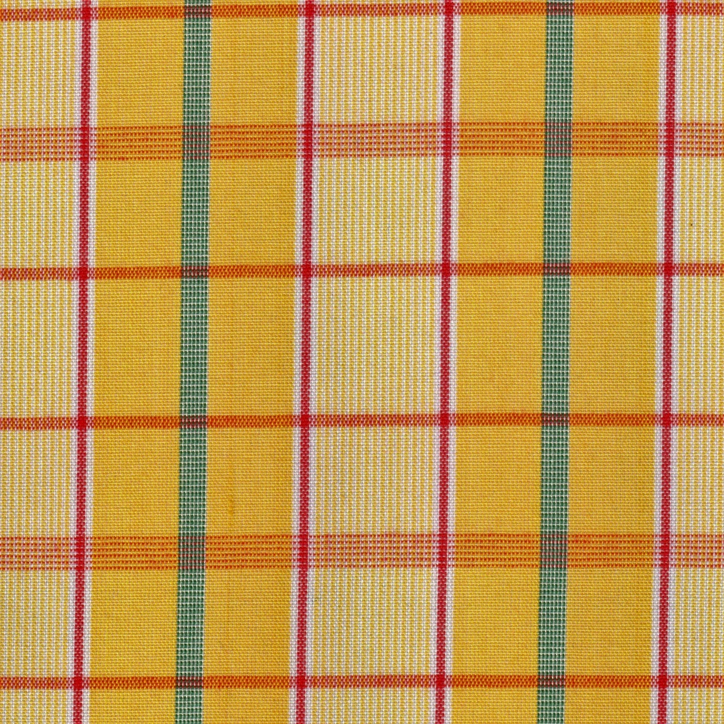 Tela 13002197 Dacron uniforme SchoolLine: poliéster a cuadros amarillos con líneas rojas y verdes, ideal para uniformes escolares.